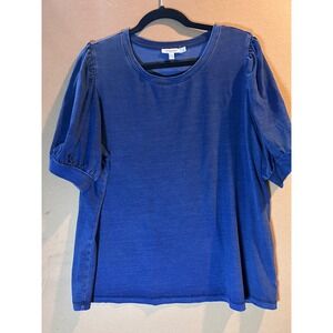 Chico's Puff Sleeve Top Womens XL 3 Blue Excellent Smocked Cuff Lyocell Blend